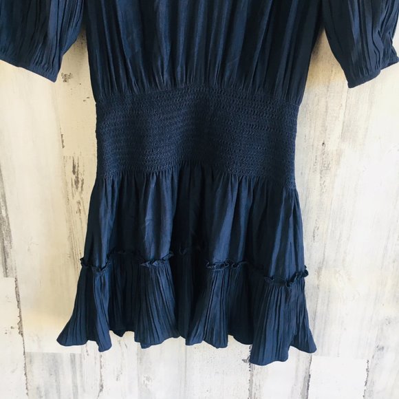 NWT Ramy Brook Smocked Mini Party Dress Blouson Navy Blue Elbow Sleeve XS - Picture 3 of 13